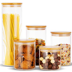 Erreloda Glass Food Storage Jars Containers, Glass Storage Jar with Airtight Bamboo Lids Set of 5 Kitchen Glass Canisters For Coffee, Flour, Sugar, Candy, Cookie, Spice and More