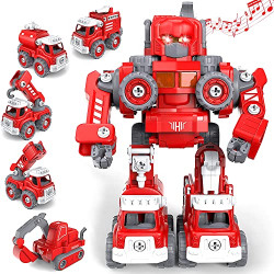Fire Truck Toy for Boys Take Apart Robot Toys 5 in 1 Transform Robot Car Set, Firetruck Construction Vehicles Sets Building Robot Toys Kits with Drill Light and Music Gift for Boys Girls Ages 3-8