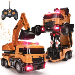 Transform Robot Car Excavator Toys Truck, Transformer RC Robot Construction Engineering Vehicle with One-Button Deformation and Music and Light Effect, Excavator Car for Boys Girls Kids