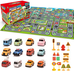 Doahurry Kids 12 Pull-Back Vehicles Set with City Play Mat Road Signs Alloy Car Toddler Toys Construction Engineering Car Friction Powered Car Playsets for 2 3 4 5 6 Year Old Kids Boys and Girls