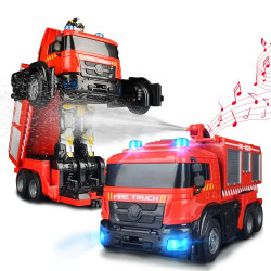 Doahurry Fire Truck Car Transforming Robot Car Fire Rescue Toy RC Truck Transport Car for Age 4-12, Toy Fire Engine Remote Control Play Vehicle for Kid Boys Xmas Birthday Easter Gift