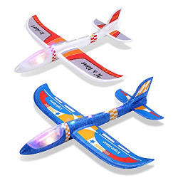 EagleStone Airplane Toy 2 Pack LED Foam Airplane for Kids Large Throwing Foam Plane 2 Flight Mode Glider Plane Flying Toys with 2 Sticker Styrofoam Airplanes for Boys&Girls Age 3 or Above Best Gift