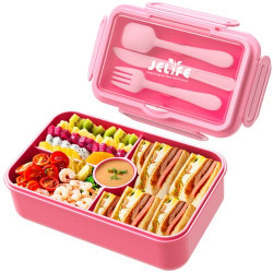 Jelife Kids Bento Lunch Box - Large Bento-Style Leakproof Lunch Boxes with 4 Compartments Portions Bento Box with Tableware for Kids Back to School, Reusable On-the-Go Meal and Snack Packing, Pink