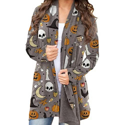 Women's Halloween Cardigan, Pumpkin Cat Ghost Print Long Sleeve Open Front Plus Size Sweater Coat Top (B, Medium)