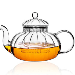 PARACITY Glass Teapot Stovetop27 OZ with VerticalStripes,Borosilicate Clear Tea Kettle with Removable Glass Infuser,Vintage Teapot Blooming and Loose Leaf Tea Maker Tea Brewer forCamping, Travel