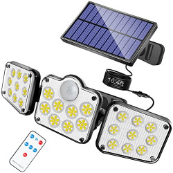 Solar Light Outdoor, 164 LED Solar Motion Sensor Lights with Remote Control, 3 Heads Security LED Flood Light IP65 Waterproof, 270Wide Angle, 3 Modes Solar Wall Lights for Garden with 16.4ft Cable