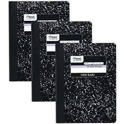 Mead Composition Notebook, 3 Pack, Wide Ruled Paper, 9-3/4  x 7-1/2 , 100 Sheets per Notebook, Black Marble (38301)