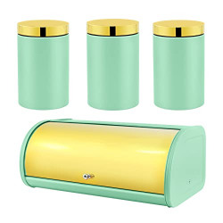 SHANGZHER Bread Box Roll Top Bread Bin Metal Coffee Tea Canister Set 4 Pieces Green