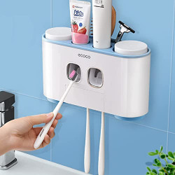Toothbrush Holder with Toothpaste Dispenser Wall Mounted for Bathroom-Automatic Electric Tooth Pastetooth Squeezer-Bathroom Organizer Storage Accessories Set for Kids with 5 Toothbrush Organizer Slots