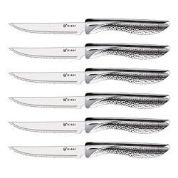 HISSF 6-piece Steak knives Set,Serrated Stainless Steel Sharp Blade Flatware Steak Knives Set of 6,Unique Hammered Pattern Hollowed Handle,4.5 In,For Kitchen Restaurant Tableware, Dishwasher Safe