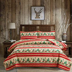 Rustic Bedding Quilts Twin Size Bedspreads 3 Piece, Lightweight Quilt Sets Western Comforter with 2 Pillow Shams Patchwork Bear Themed Coverlet for All Season (Brown Red)