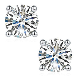 Moissanite Earrings, Lab Created Diamond Earrings with 2 pieces of DEF Color Brilliant Round Cut Moissanite in Sterling Silver with 18K White Gold Plated with Safety Friction Back