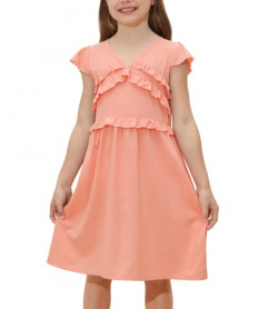 GRACE KARIN Girls A-Line Dress Casual Flutter Sleeve V-Neck Flowy Solid Pleated Dress Pink 12Y