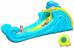 Clapjoycamp Inflatable Water Slide for kids Bouncer House Backyard Waterslide Children Heavy Duty Climbing Wall, Splash Pool, Blue Dolphin for Outdoor, Wet Dry Use with 550W Air Blower, 2 Water Slides