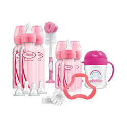 Dr. Browns Anti-Colic Options+ Narrow Baby Bottle First Year Feeding Gift Set with Sippy Cup, Baby Bottle Brush & 100% Silicone Teether, Pink