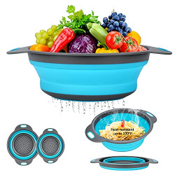 Collapsible Colander Basket 2 of SetVegetables Fruit Washing Basket Drain ToolSmall & Big Size Silicone Telescopic Colander with Handle For Kitchen/Home/Restaurant Round Shape 3 Color(Blue)