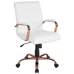 Flash Furniture Mid-Back Desk Chair - White LeatherSoft Executive Swivel Office Chair with Rose Gold Frame - Swivel Arm Chair