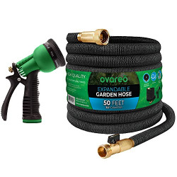 Ovareo Garden Hose, Flexible and Expandable Garden Hoses, Heavy Duty Triple Latex Core with 3/4  Solid Brass Fittings, 8 Function Hose Spray Nozzle, Easy Storage Kink Free Water Hose (50 FT, Black)