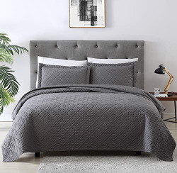 EXQ Home Summer Quilt Set King Size Grey 3 Piece,Lightweight Microfiber Soft Coverlet Modern Style Squares Pattern Bedspread Set for All Season(1 Quilt,2 Pillow Shams)