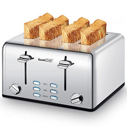 Toaster 4 Slice, Geek Chef Stainless Steel Extra-Wide Slot Toaster with Dual Control Panels of Bagel/Defrost/Cancel Function, 6 Toasting Bread Shade Settings, Removable Crumb Trays, Auto Pop-Up