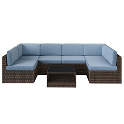 SONGMICS Outdoor Sectional Sofa Couch, 7-Piece Patio Furniture Set, Handwoven PE Wicker Rattan Patio Conversation Set, with Cushions and Glass Table, Brown and Lake Blue UGGF015Q01
