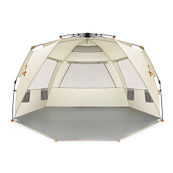 Easthills Outdoors Instant Shader Deluxe XL Beach Tent Easy Up 99  Wide for 4-6 Person Sun Shelter - Extended Zippered Porch Included Beige