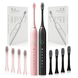 2 Pack Rechargeable Electric Toothbrushes for Adults and Kids, Sonic Whitening Tooth Brush with 8 Brush Heads, Smart Timer and 6 Cleaning Modes, Cleaning Waterproof Toothbrushes Set,Black & Pink