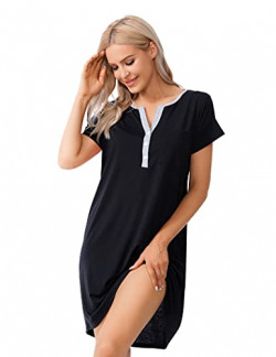 WoMear Nightgown Womens Nightshirt Striped Sleepwear Button Down Pajama Dress Short Sleeve Sleepshirts XS-3XL Black