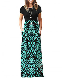 AUSELILY Women Short Sleeve Loose Plain Casual Long Maxi Dresses with Pockets (M, Black Green)