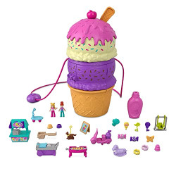 Polly Pocket Spin n Surprise Compact Playset, Ice Cream Cone Shape, Playground Theme, 3 Floors, 25 Surprise Accessories Including Micro Polly & Lila Dolls, Great Gift for Ages 4 Years Old & Up