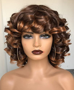 Short Afro Curly Wigs with Bangs for Women Kinky Curly Hair Wig Big Bouncy Fluffy Curly Wig(Black and Brown)