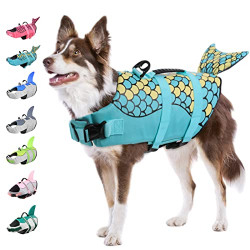 KOESON Dog Life Jacket Mermaid, Dog Life Vest for Small, Medium & Large Breeds Pet Float Coat for Boating/Swimming, Reflective Swimming Safety Vest with Rescue Handle (Green Mermaid, L)