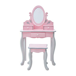 Teamson Kids Little Princess Rapunzel Wooden Vanity Set with Mirror and Chair, Pink/Gray