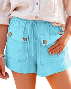 BNOOUIL Women's High Waisted Shorts Summer Casual Button Comfy Flowy Beach Linen Cotton Shorts with Pockets KDDK-Blue-S