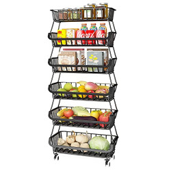 Apsan 6 Tier Fruit Basket for Kitchen, Wire Storage Basket with Wheels, Fruit and Vegetable Storage Cart, Vegetable Bins Rack for Onions and Potatoes, Black