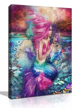 GXLONG Mermaid Canvas Wall-Art for Bathroom Pink Mermaid Art Picture Wall-Art for Girls Bedroom Modern Bathroom Decor Mermaid Painting Wall Art for Living Room Ready to Hang Size 11.5 * 15inch