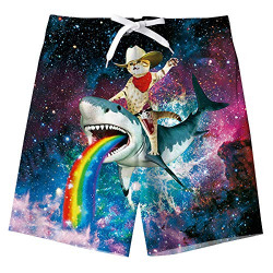 Swim Trunks for Boys Rainbow Cat Swim Board Shorts Cat Rides Shark Boys Swim Trunks Galaxy Teens Swimsuits for Kids Size 5-6 Years