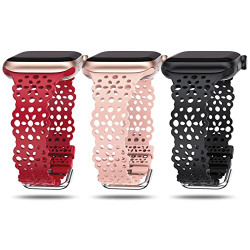 TOYOUTHS 3 Packs Compatible with Apple Watch Band Women 42mm 44mm 45mm Soft Stretchy Silicone Lace Flower Cut-outs Scalloped Breathable Waterproof Sweatproof Band for iWatch Series 7 6 5 4 3 2 1 SE