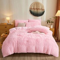 Cute Pink Shaggy Plush Comforter Cover Set,Ultra Soft Faux Fur Duvet Cover Bedding Sets Queen 3 Pieces with Pillow Cases, Pink Fluffy Bed Sets Zipper Closure (Pink, Queen)