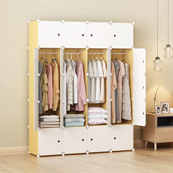 KOUSI Portable Wardrobe Closets 14 x18  Depth Cube Storage, Bedroom Armoire, Storage Organizer with Doors, 20 Cube, Wood Color