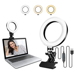 Light for Video Conferencing, 6.3  Selfie Ring Light with Clamp Mount, 3 Dimmable Color & 10 Brightness Level, Suitable for Laptop, iPhone, MacBook, Desk, Bed, Office, Makeup, YouTube