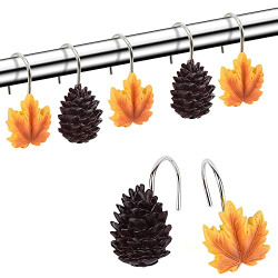 Shower Curtain Hooks, 12PCS Shower Hooks with Pine Cones, Maple Leaves for Curtains, Rust Resistant Shower Curtain Rings for Shower Curtain Bathroom and Liner (Maple Leaves Pinecone)