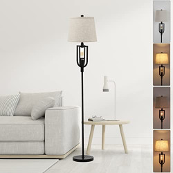 Farmhouse Floor Lamps for Living Room - Standing Floor Lamps with Nightlight for Bedroom, Rustic Modern Style Tall Stand Lamps Beige Fabric Shade + Edison Night Light + Black Metal (Included 2 Bulbs)