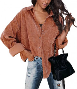 Women Corduroy Shirts Long Sleeve Button Down Shirt Casual Warm Oversized Jacket Blouses Tops Shirts Coffee S