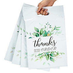 RUSPEPA Poly Mailers Shipping Bags with Handle Thank You Business Shipping Pretty Thick Self Adhesive Mailing Envelopes, 10x13 inches, 50 Pack - Green Leaf