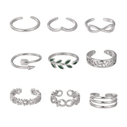 9PCS Silver Toe Rings for Women Girls, Adjustable Summer Beach Open Toe Rings Set Flower Arrow Leaf Celtic Toe Ring Barefoot Foot Jewelry