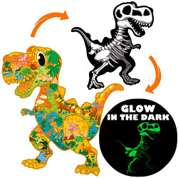 JIGJOJO Floor Puzzles for Kids Ages 4-8 3-5, Double-Sided Dinosaur Puzzle, Toddler Toys and Gifts for Kids Boys Girls, Glow in The Dark Animal Shaped Jigsaw Puzzles, T-Rex