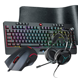 Ludus Dominum 4-in-1 Gaming Combo Set Wired RGB Backlit Gaming Keyboard 7200 DPI Programmable Macro Mouse Stereo Headphone and Extra Large Mouse Pad (Black)