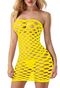 Vorifun Sexy Womens Strapless Fishnet Lingerie Sleepwear Mini Dress Tube Chemise One Size (Yellow)