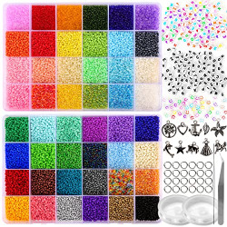 [2022 New Version] MOHARY 35000pcs Glass Seed Beads with 250pcs Alphabet Letter Beads, 2mm Bracelet Beads for Jewelry Making Supplies Kit Craft Set for DIY Art with Elastic String Cord and Charms